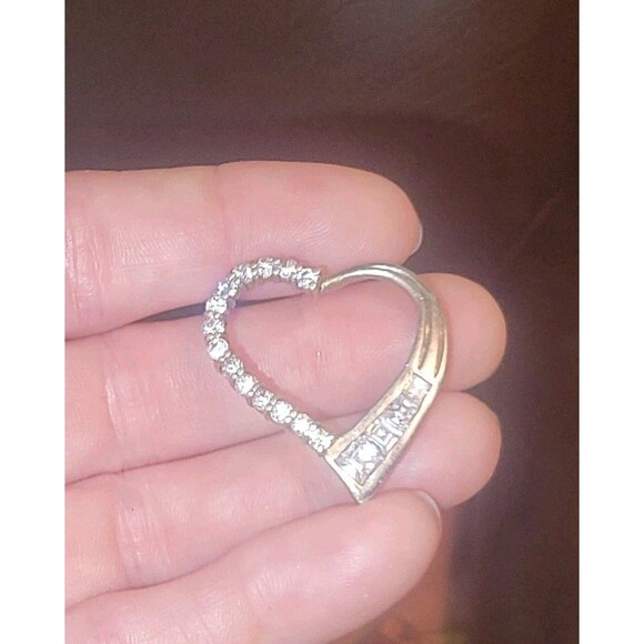 Sterling Silver Open Heart slide Pendant w Round & Baguette Diamonds signed JG - Picture 8 of 16